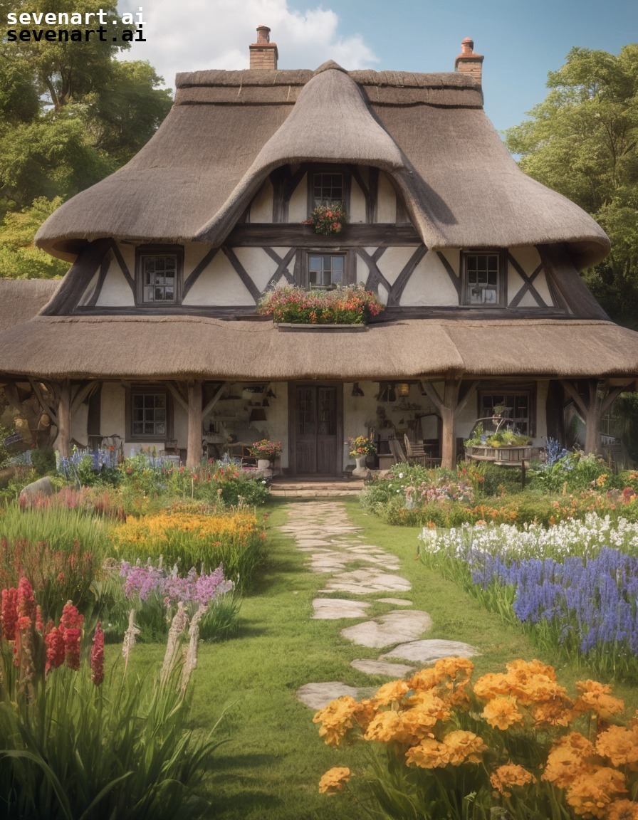 rustic, farmhouse, thatched roof, gardens, countryside