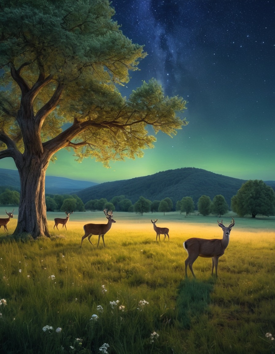 nature, meadow, deer, stars, night sky, tranquility