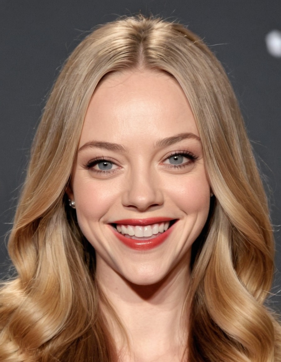 amanda seyfried, caricature, big head, crazy smile