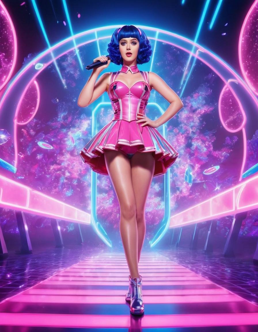 katy perry, anime, futuristic, neon lights, holographic effects