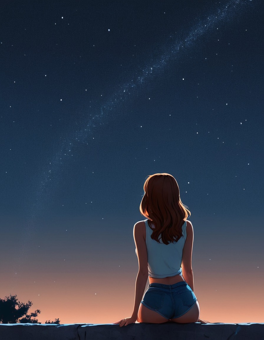 night sky, stars, girl, beauty, contemplation