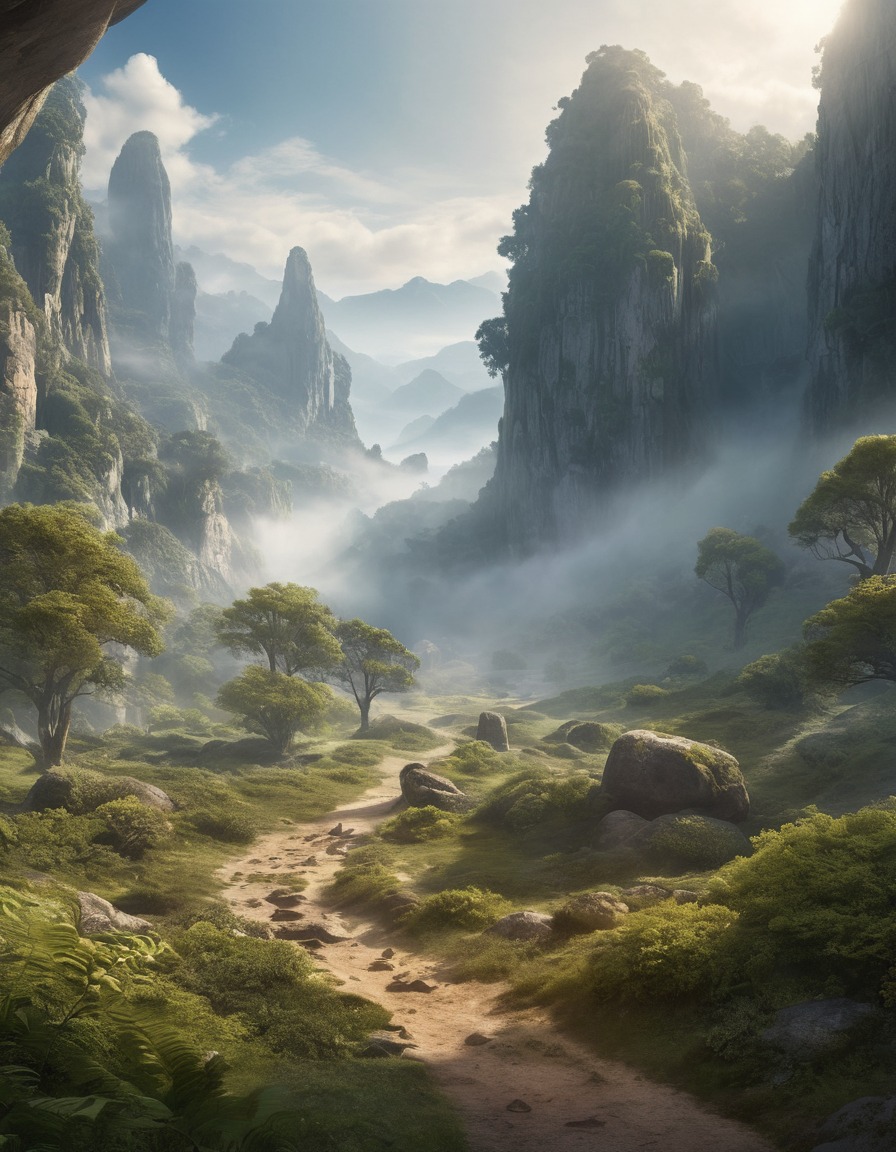 hidden valley, mist, ancient giants, mystical beings, treasure, fantastic