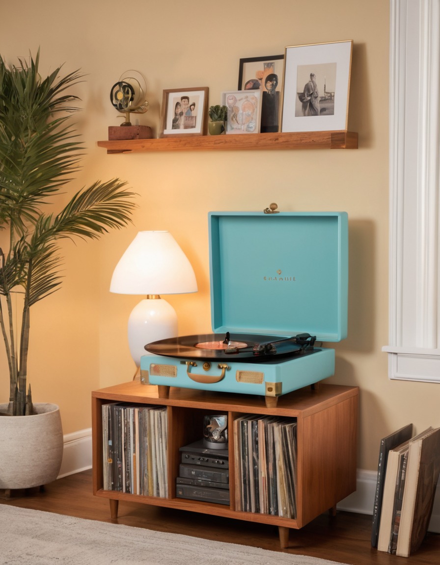 vintage, record player, vinyl records, cozy living room