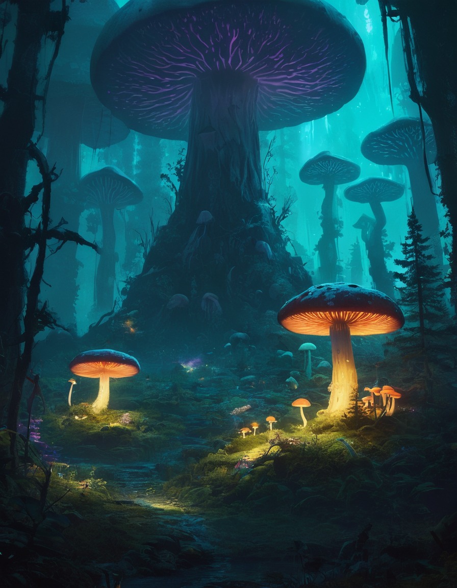 fantasy, otherworldly, bioluminescent, wildlife, mushrooms, extraterrestrial, aliens