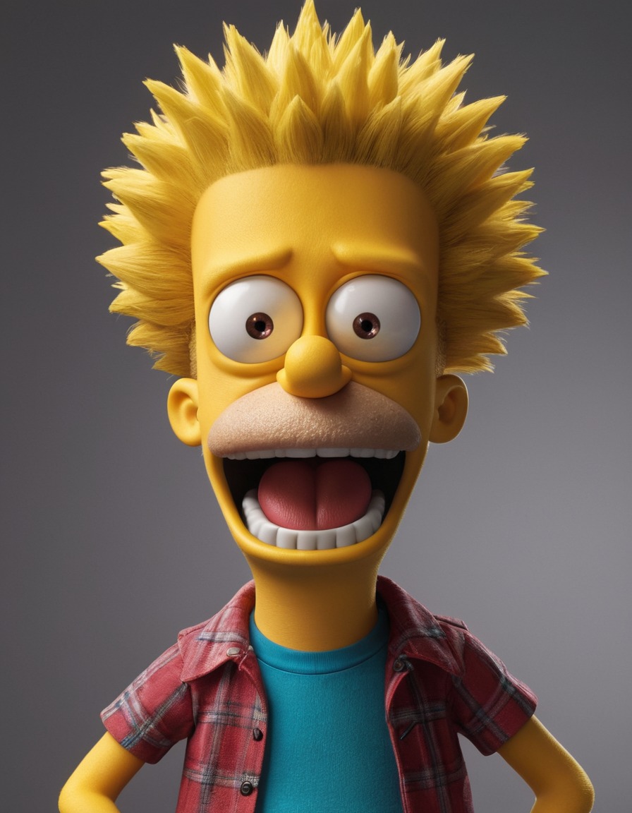 bart simpson, animated character, real-life portrayal, mischievous smile, spiky hair