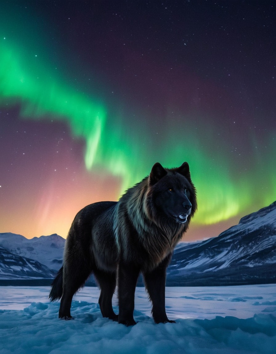 amarok, wolf, northern lights, wildlife, nature, illustration