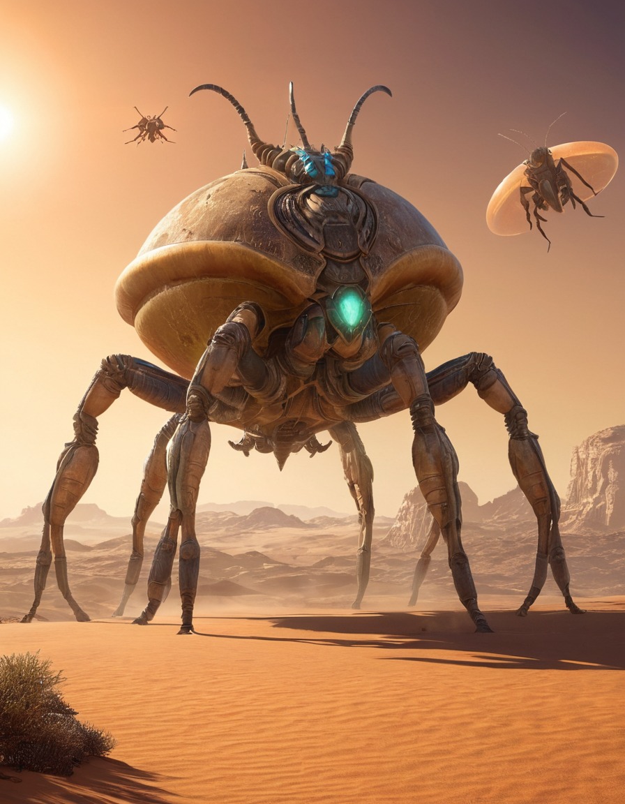 desert planet, alien nomads, giant insects, barren landscape, science fiction, extraterrestrial, aliens