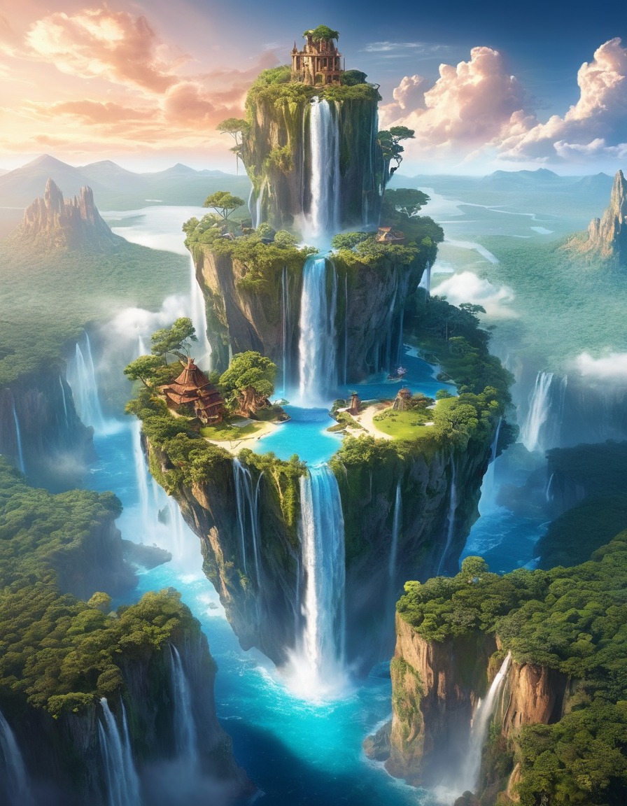 floating island, sky, waterfalls, fantasy, scenic view, natural beauty