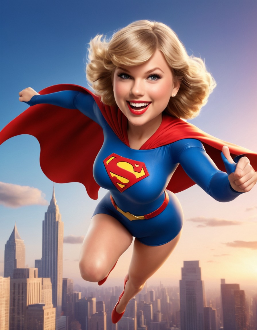 taylor swift, superhero, cartoon, caricature, flying, cape, fat