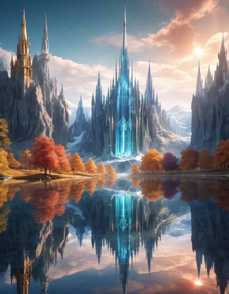 mirrored lake, city, crystal spires, reflection, fantasy, scenic view, serene