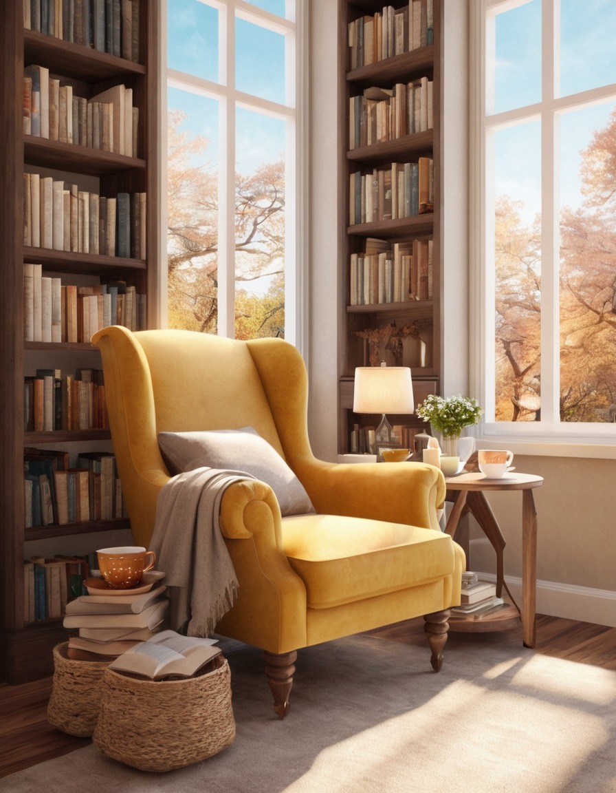 cozy, reading nook, armchair, bookshelves, books, tea, relaxing, home, interior