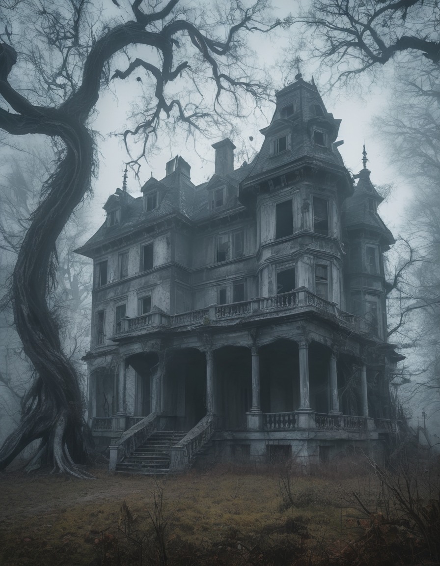 abandoned mansion, eerie, fog, twisted trees, spooky, haunted house, gothic, underground, dark