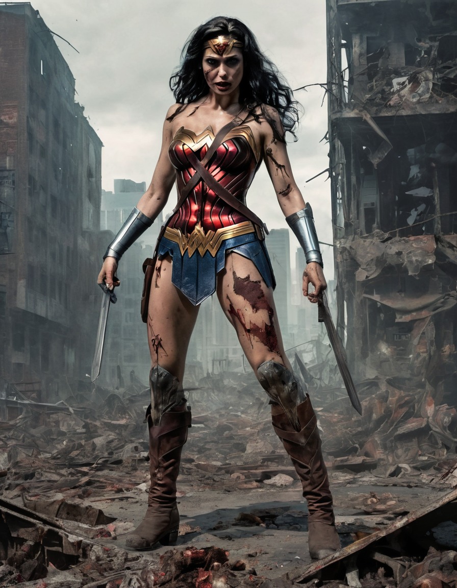 wonder woman, zombie, superhero, post-apocalyptic, cityscape