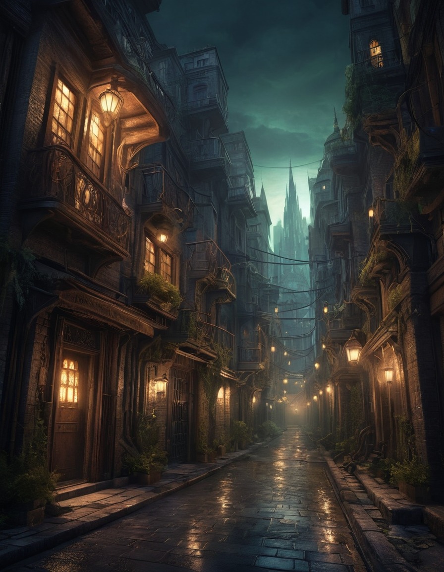 eldritch, cityscape, impossible geometry, shadowy alleyways, horror, lovecraftian, lovecraft, howard lovecraft