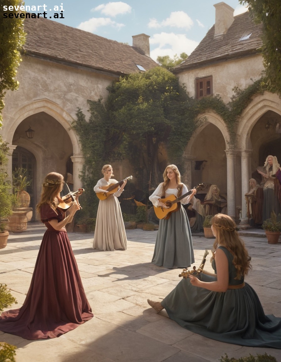 troubadour, serenade, maidens, courtyard, music, middle ages