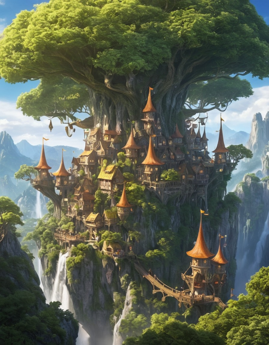 elves, village, treetops, fantasy, tree dwellers, magical beings