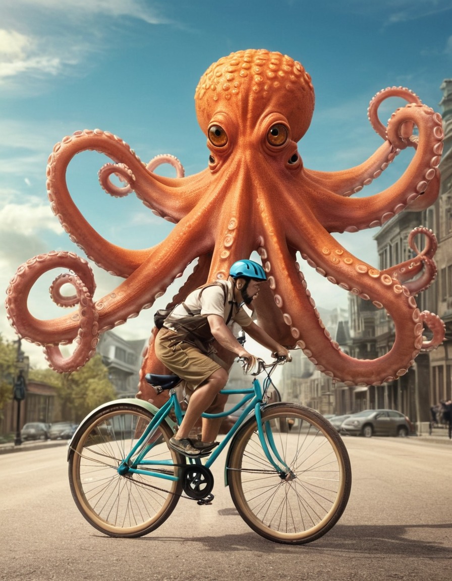 octopus, bicycle, strange, unusual, marine life, transportation, curious