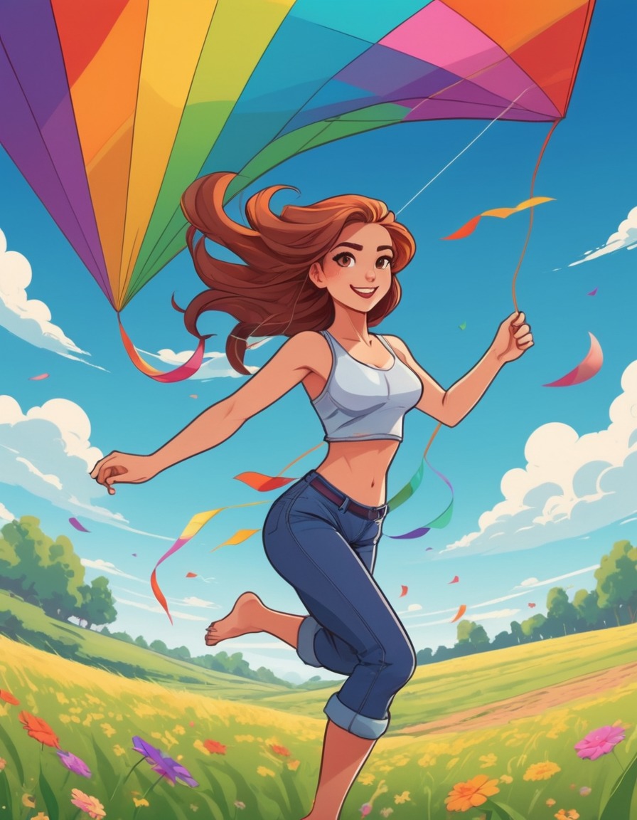 girl, field, kite, running, freedom