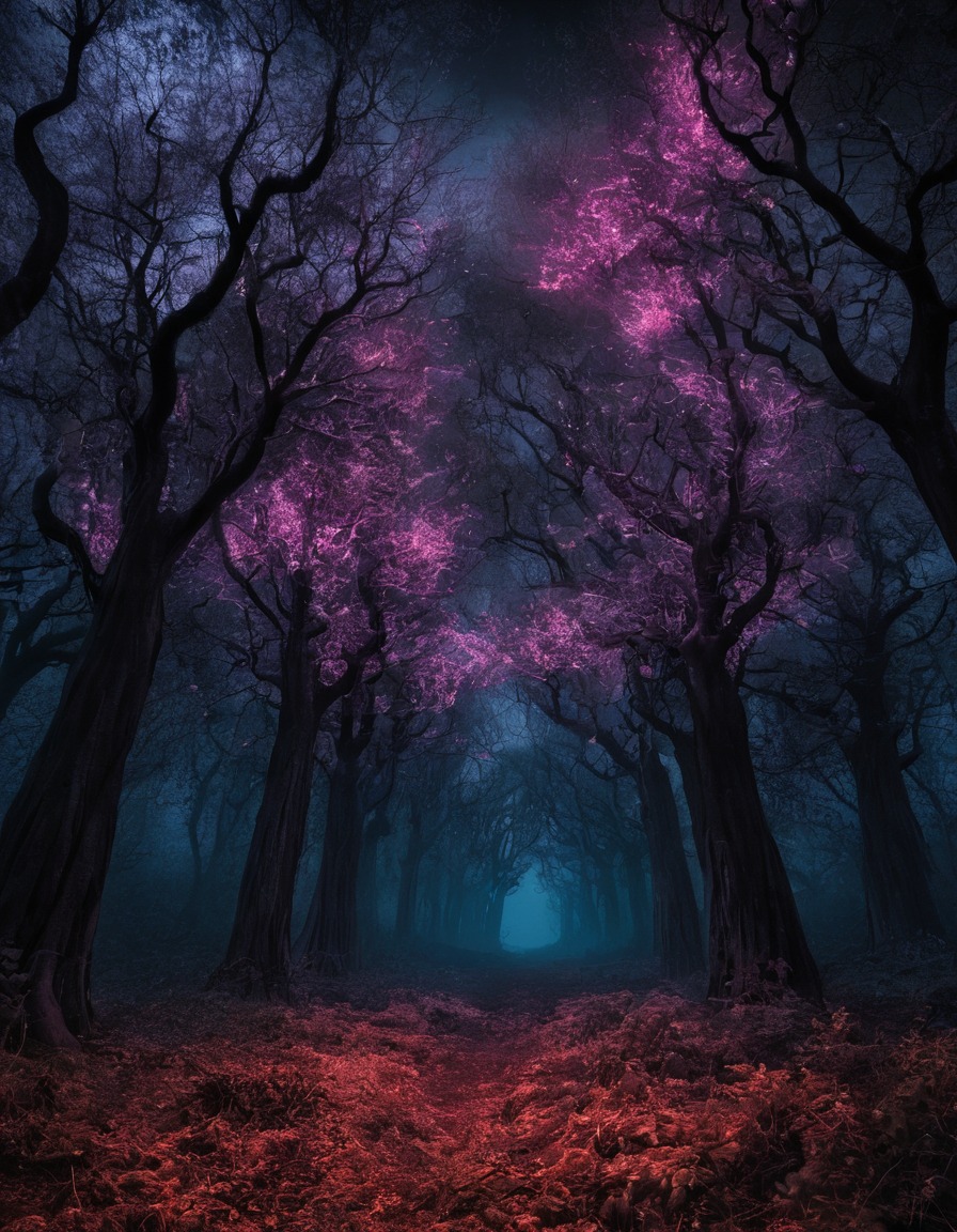 mystical, grove, glowing trees, wishes, whispered, wind