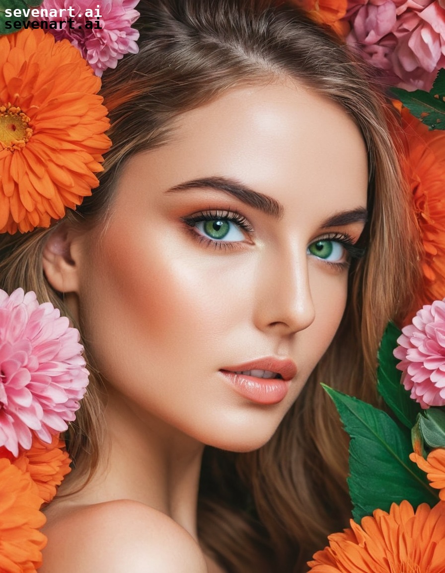 beauty, portrait, woman, green eyes, vibrant flowers