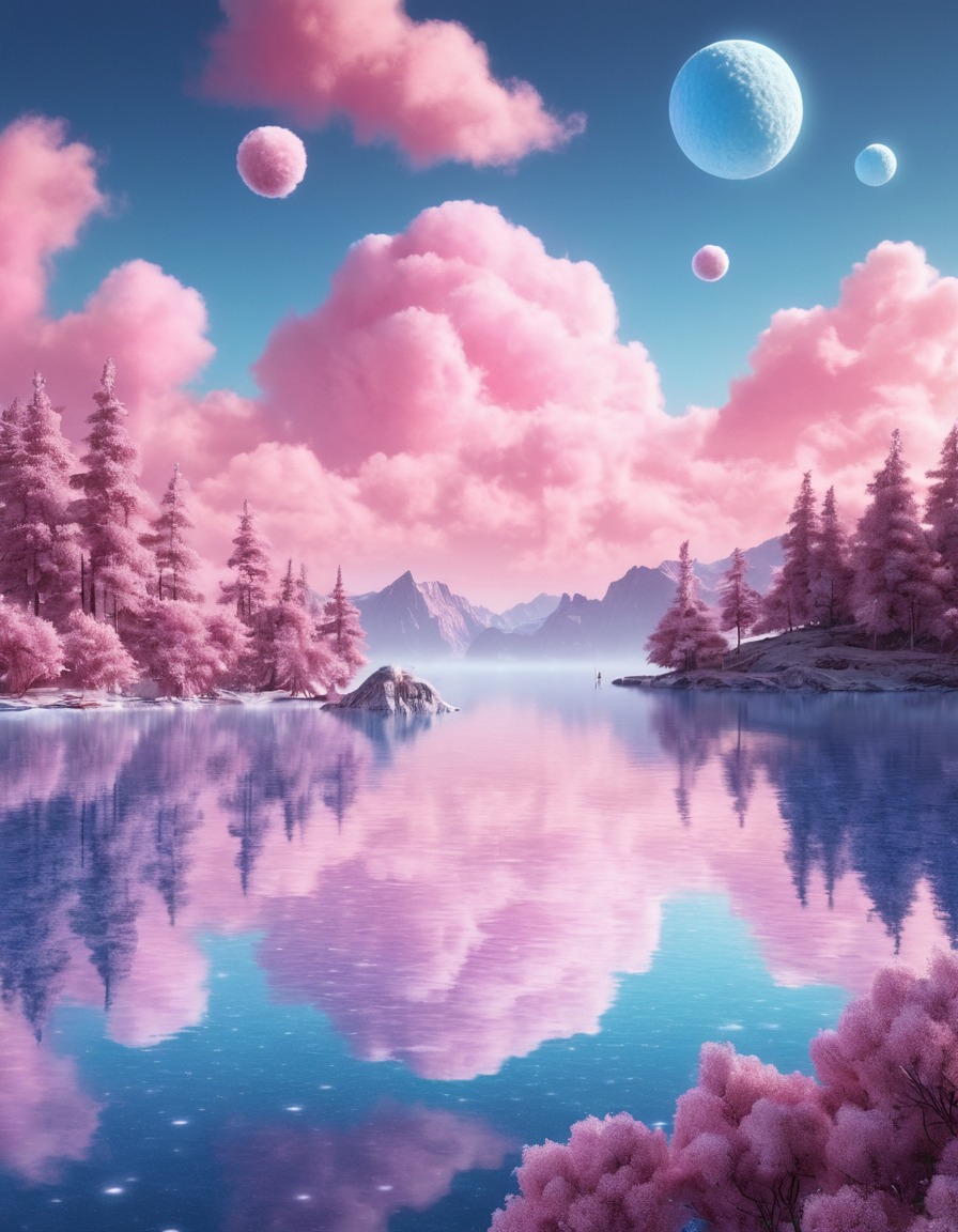 surreal, landscape, shimmering lake, cotton candy sky, nature, serene