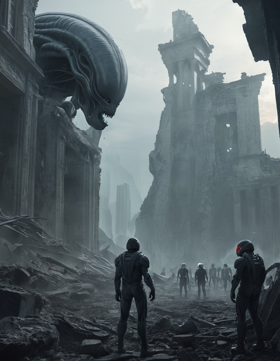 alien, human, standoff, ruins, metropolis, aliens, three body problem, trisolaran