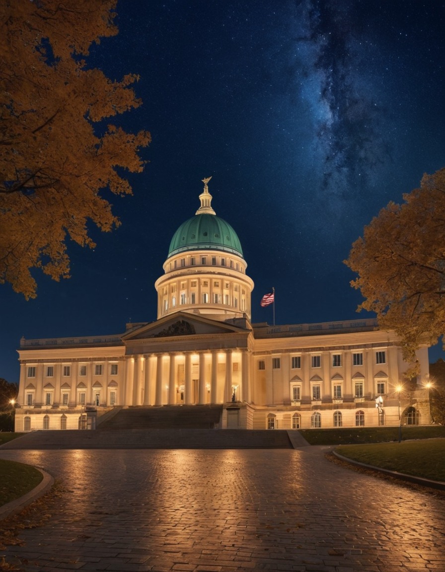 neoclassical architecture, government building, night sky, stars, architecture