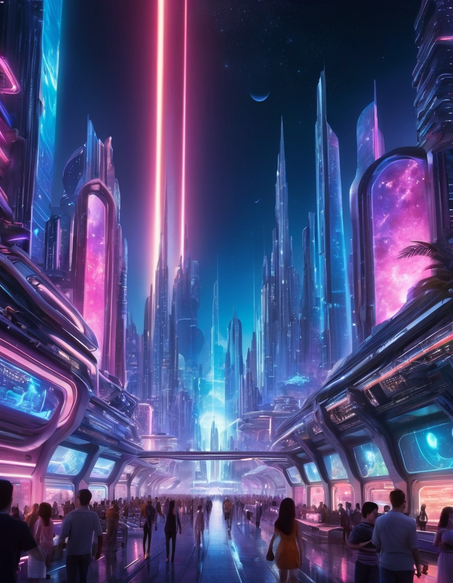 space, futuristic, cityscape, neon lights, space scene