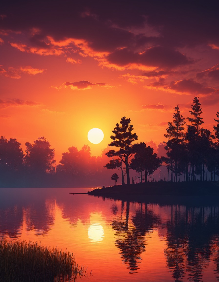 sunset, lake, trees, nature, tranquility