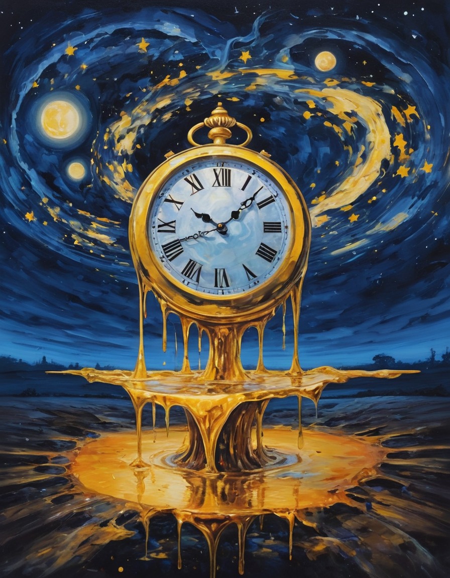 clock, melting, gold, starry night sky, surreal