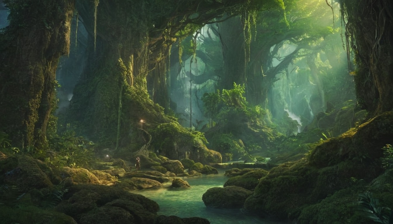 adventure, ancient, calm, fantasy, fiction, forest, green, rainforest, river, small, sobber, vines, wilds, aiart, dreamup