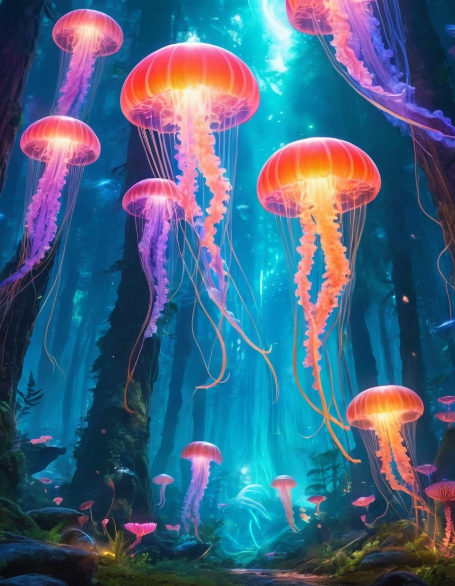 alien, forest, glowing, jellyfish-like creatures, swarm, extraterrestrial, aliens