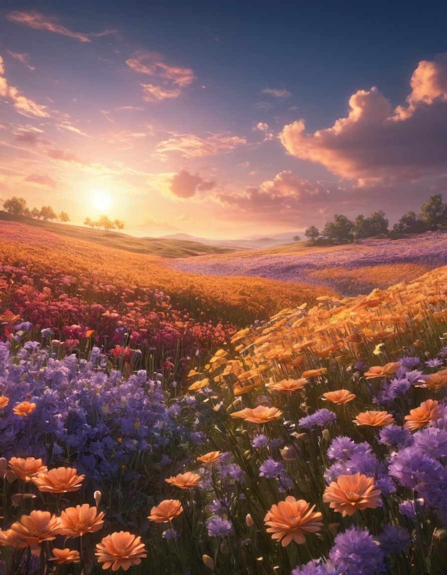 shimmering flowers, color-changing, fantasy, nature, magical, ethereal, wind