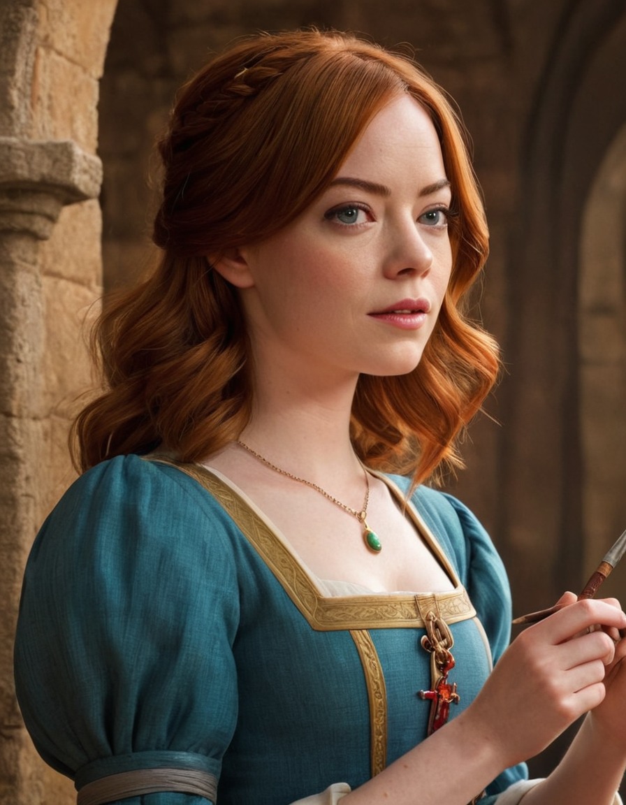 emma stone, painting, medieval, scene, vibrant colors, intricate details