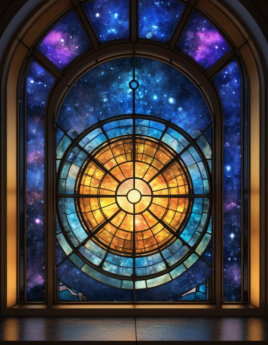 futuristic, space station, stained glass window, sci-fi, design, medieval, art