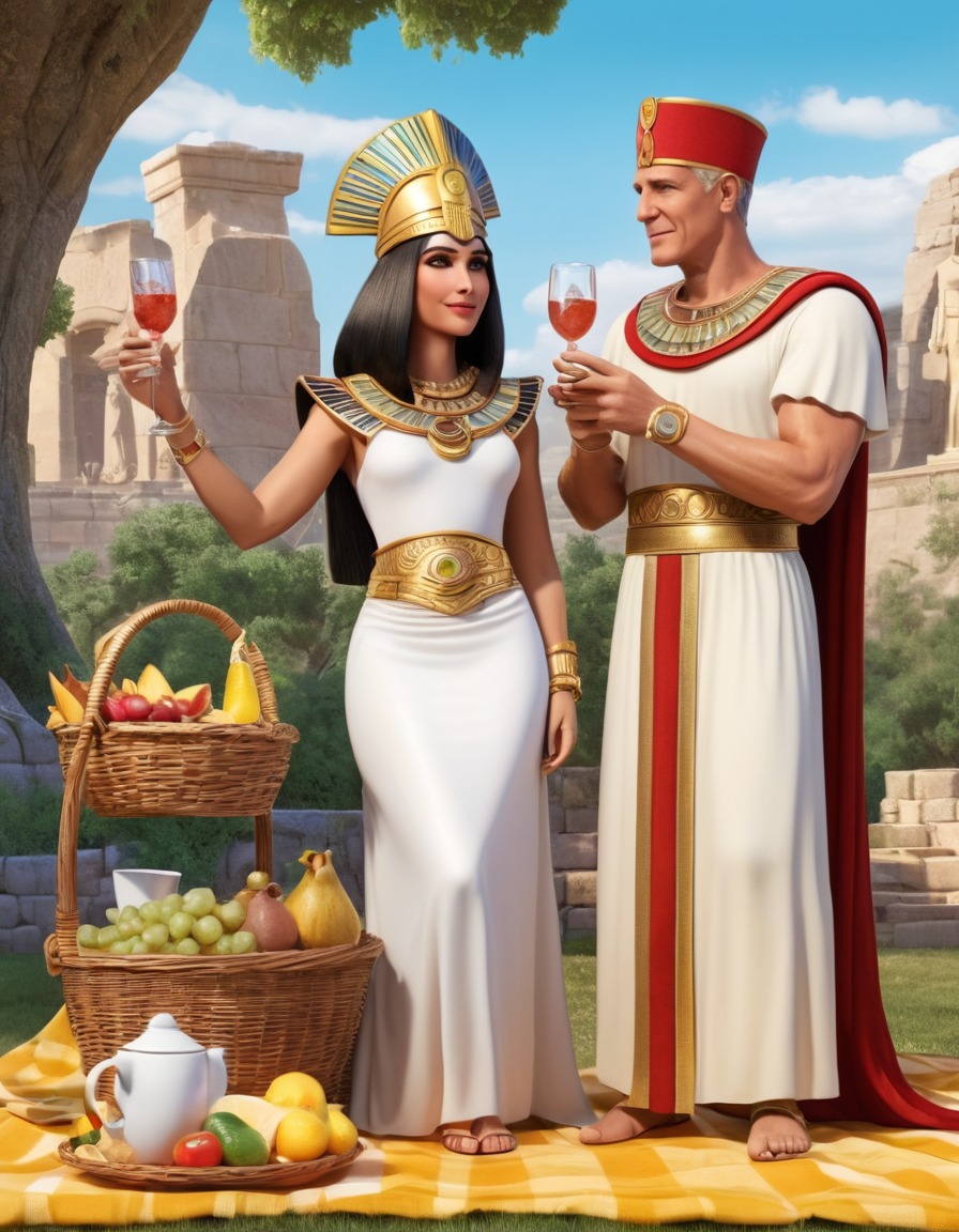 cleopatra, julius caesar, caricature, picnic, humor, funny