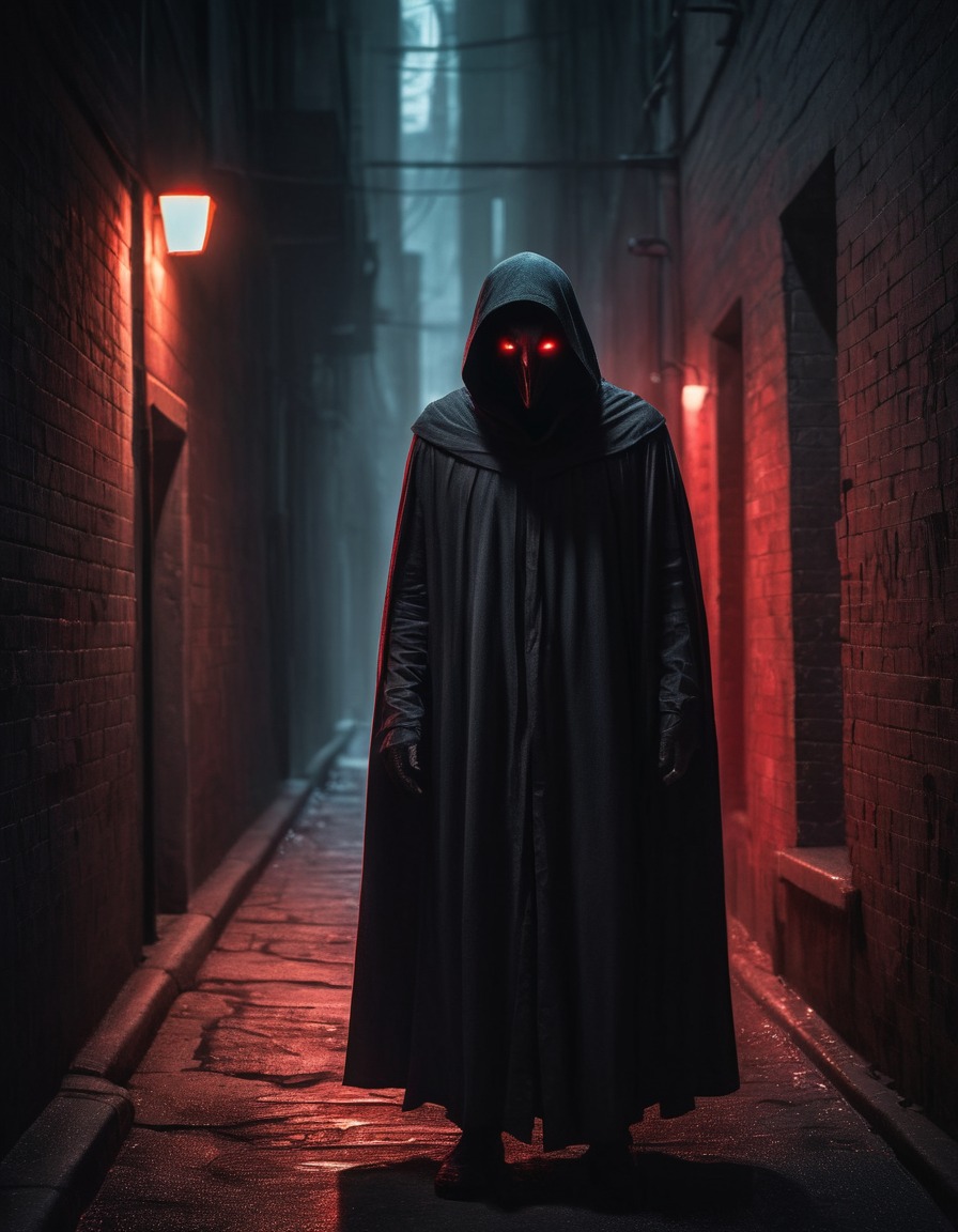 mystery, dark, urban fantasy, cloaked figure, glowing eyes, gothic, underground