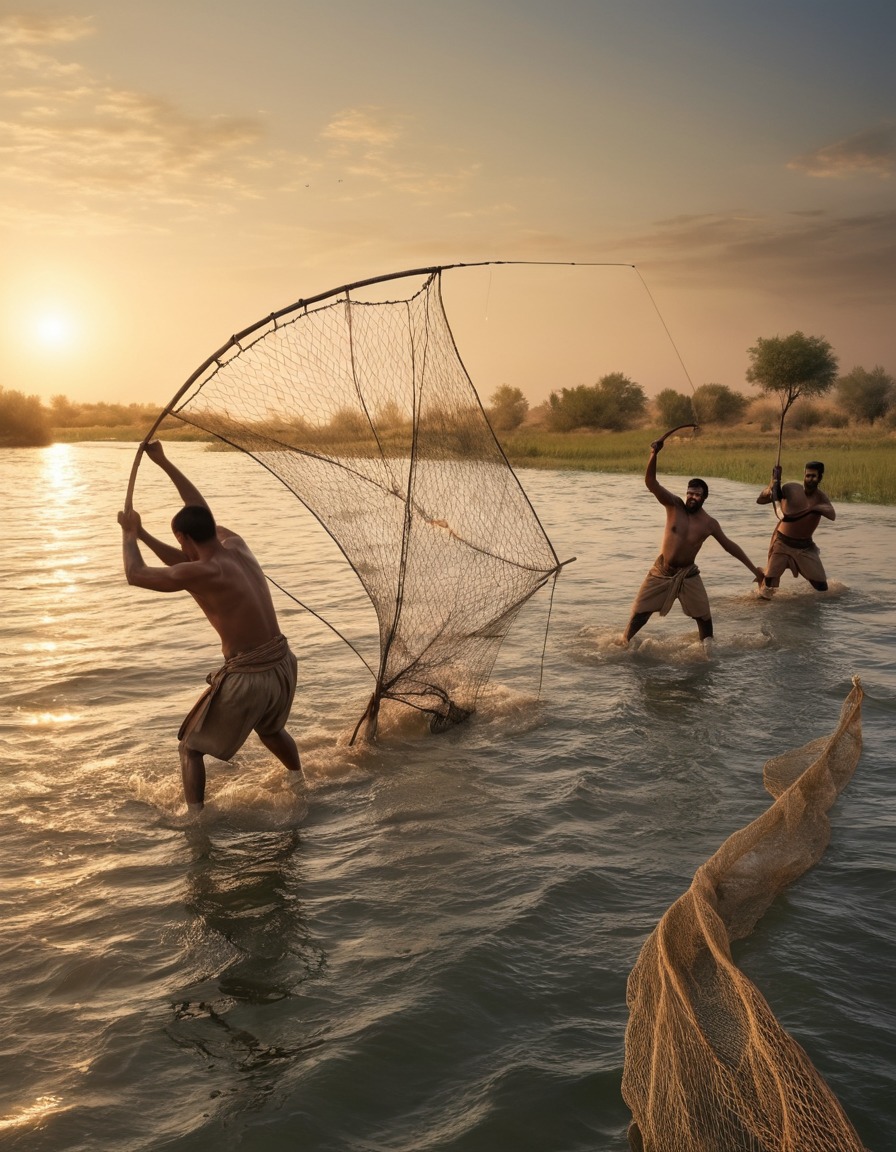 ancient civilization, mesopotamia, fishermen, fishing techniques, nets, river, 4000 bc