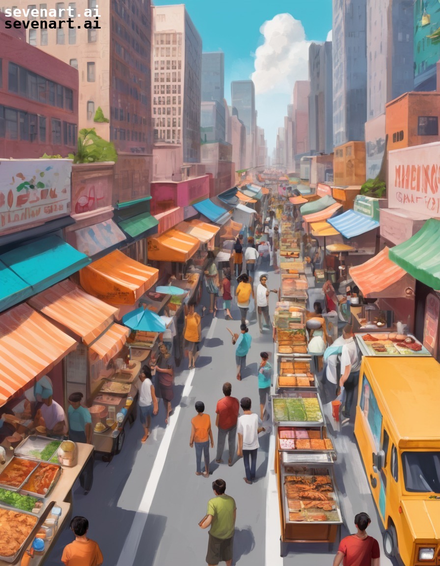 food trucks, street vendors, crowded city, street food, urban scene, modern city, city