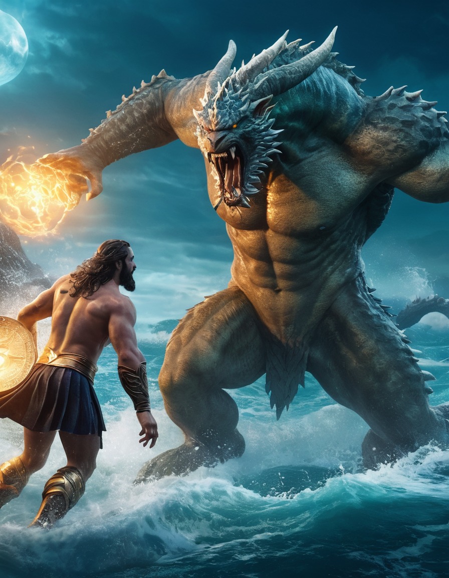 poseidon, greek mythology, epic, monster, battle, sea, mythological creature