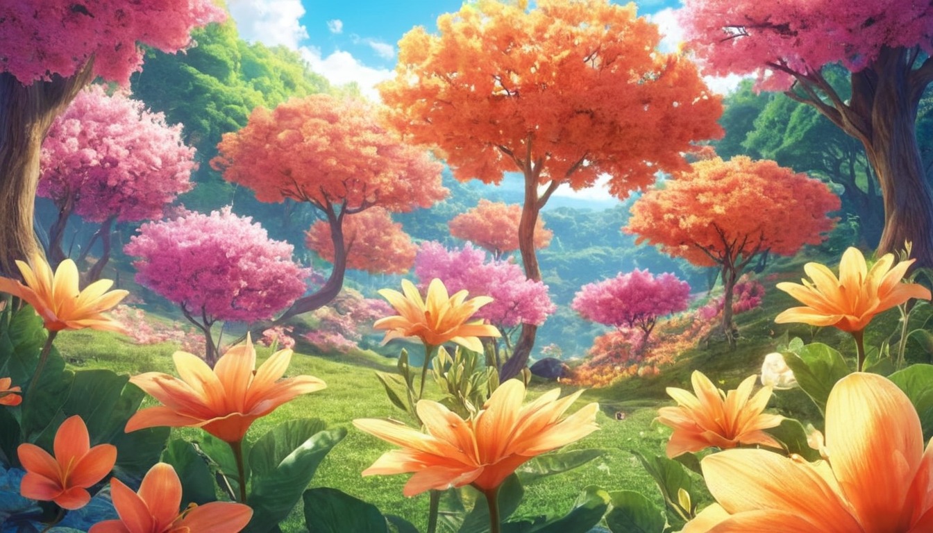 wallpaper, anime, colorful, floral, scenery