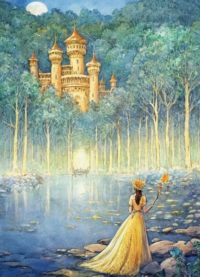 magic, fantasyart, medieval, fairytale, traditionalart, forest, fairy, castle, princess, watercolour, lake, moon, night, nightscene, rock, rocks, trees, twilight, woods, yellow, yellowdress