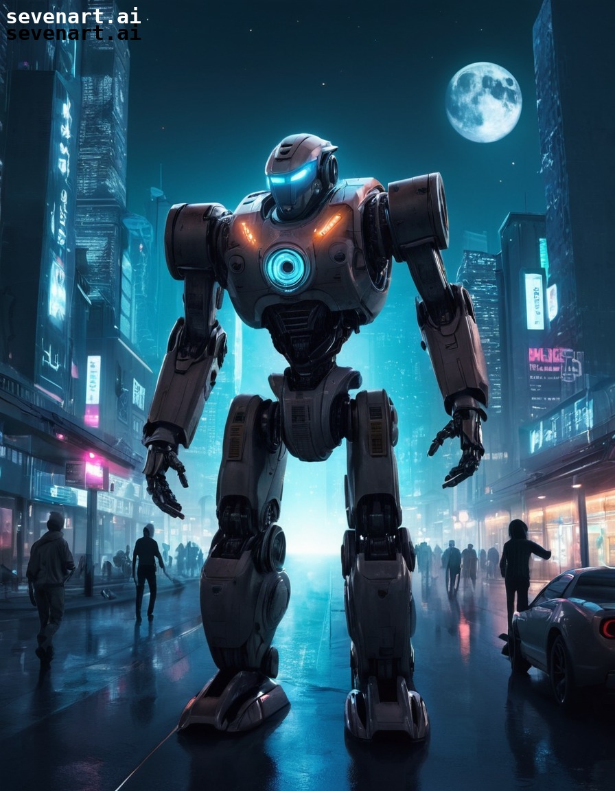 science fiction, futuristic, robot, cityscape, night, robots