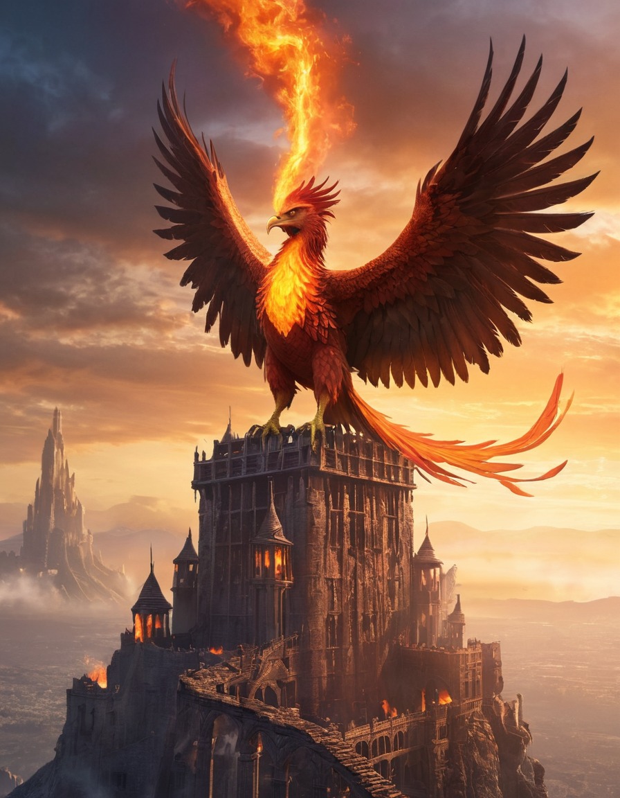 firebreathing, phoenix, tower, fantasy, mythical creature, destruction, legend