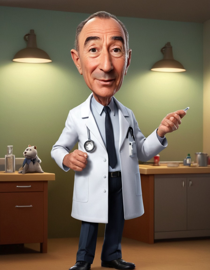 cartoon, robert oppenheimer, lab coat, silly, fat