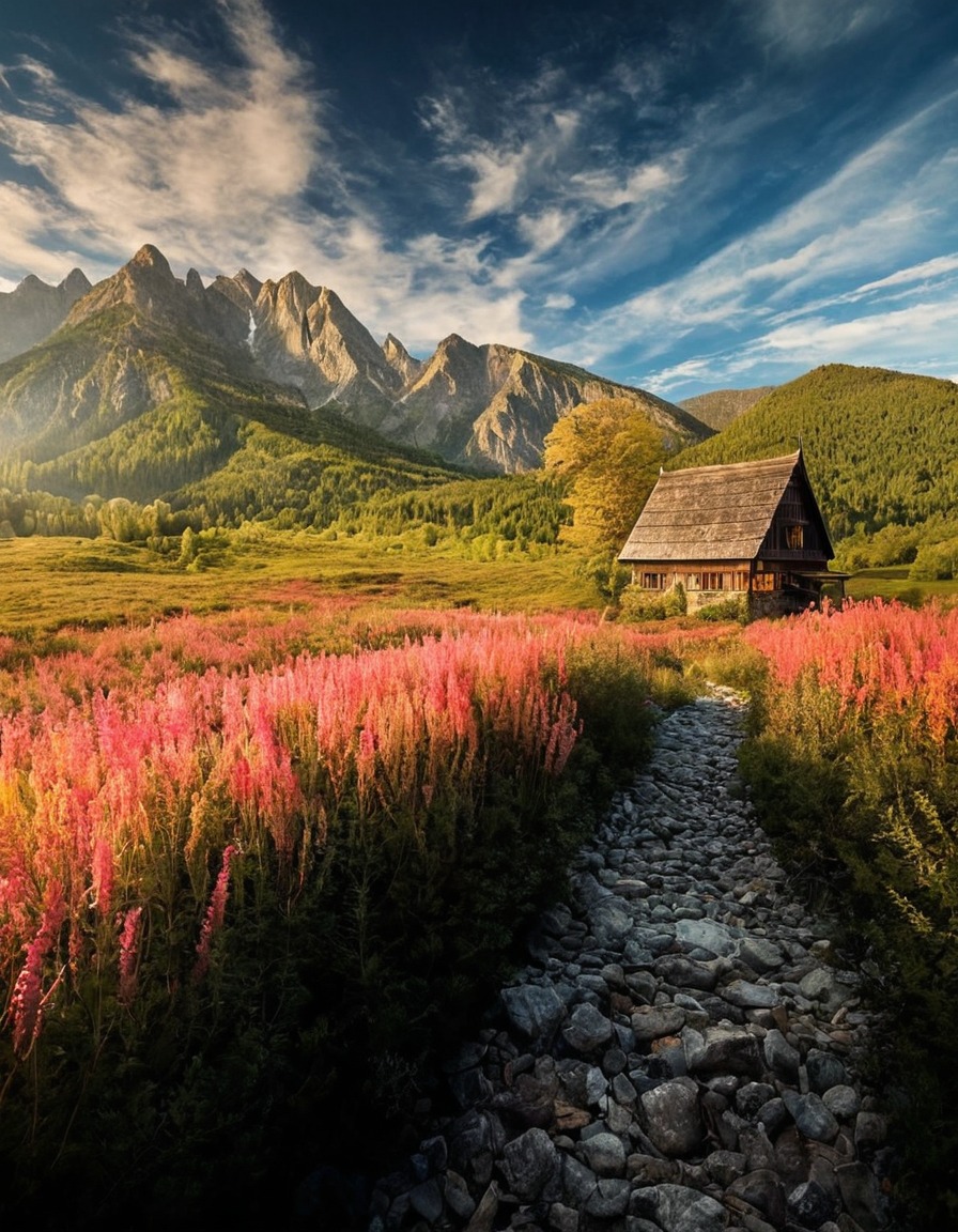 poland, landscape, mountain, cottage, pink flowers, wild flowers, path, nature, flowers, beautiful, petitworld favs