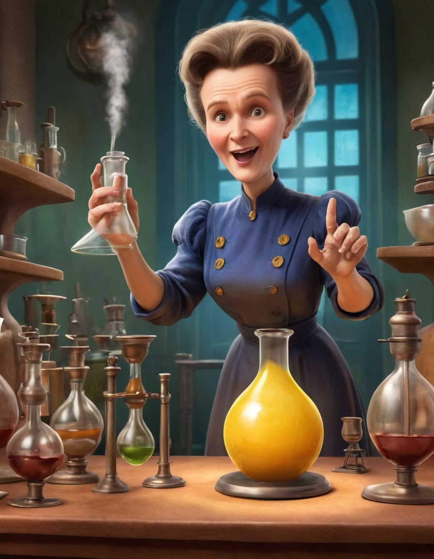 marie curie, caricature, experiment, humor, funny