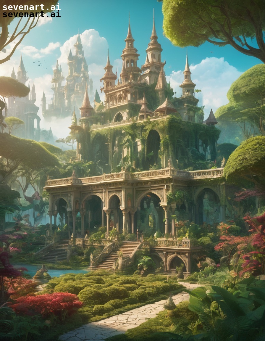 fantasy, palace, gardens, mystical creatures, design