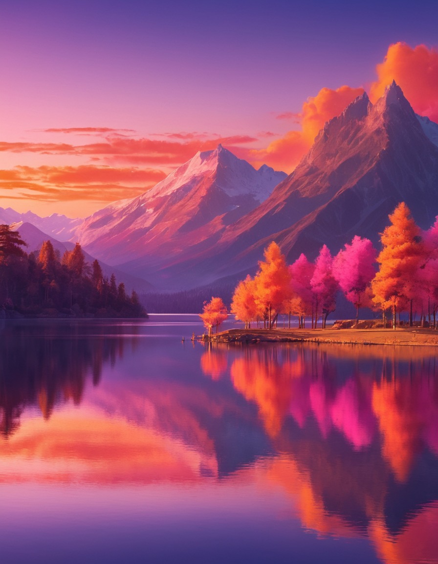 sunset, lake, vibrant colors, tranquil, nature