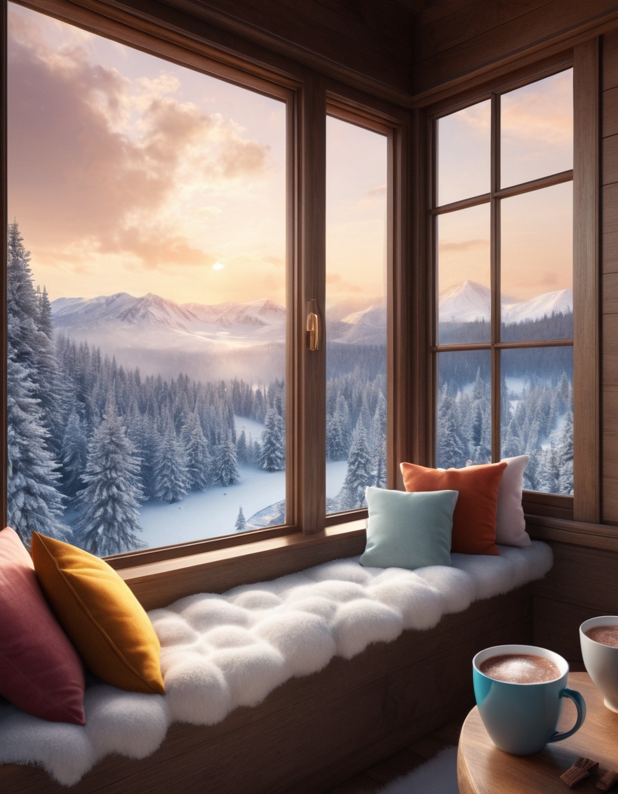 window seat, cozy, snowy landscape, hot cocoa, home, interior